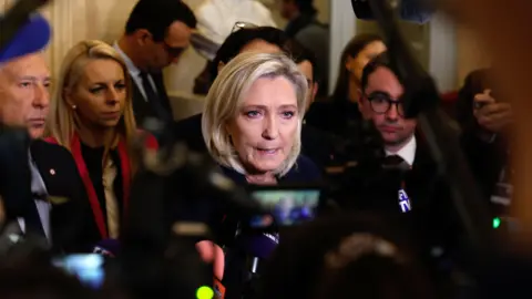 EPA-EFE/REX/Shutterstock Marine Le Pen, who has blo<em></em>nde bob and kohl-rimmed eyes, is surrounded by cameras as she speaks to journalists after the French Natio<em></em>nal Assembly debate